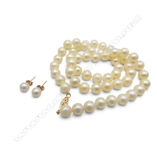 PEARL NECKLACE w. 12ct clasp & PR 9ct PEARL EARRINGS