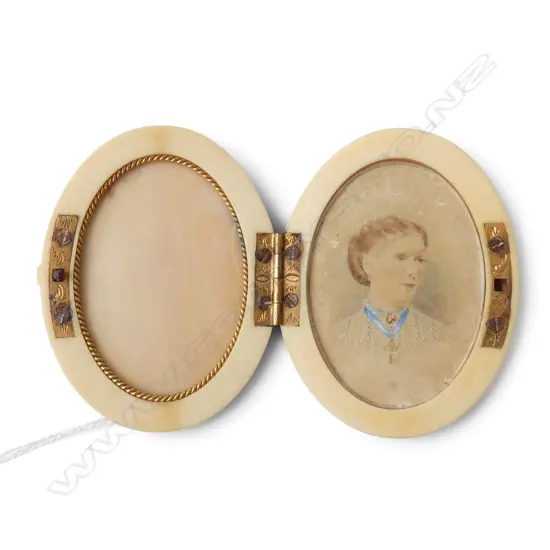 19thC plain CARVED IVORY travelling LOCKET with PORTRAIT MINIATURE hand painted. 60 x 48mm.