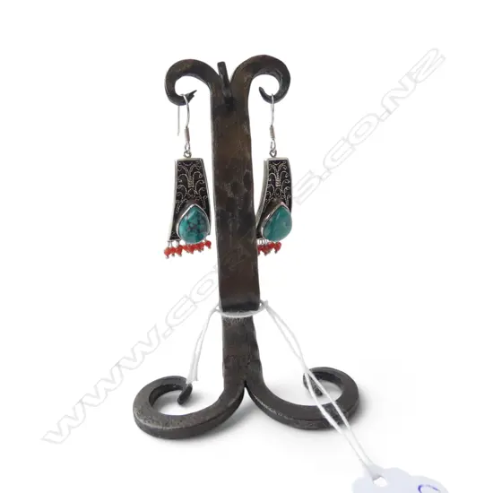 PR DESIGNER SILVER TURQUOISE & CORAL DROP EARRINGS w fine wire twists
