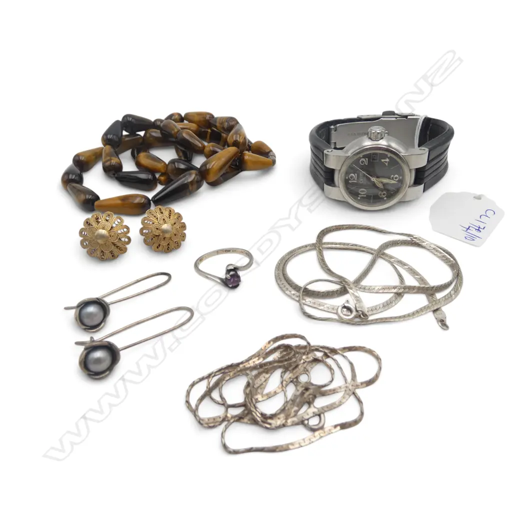 TIGERSEYE NECKLACE L.610mm, ORIS WRIST WATCH, ASST. STG SILVER JEWELLERY 17gms Image 1++