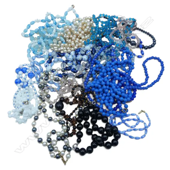 ;LARGE BAG OF VINTAGE BLUE BEAD + OTHERS + PEARL NECKLACES