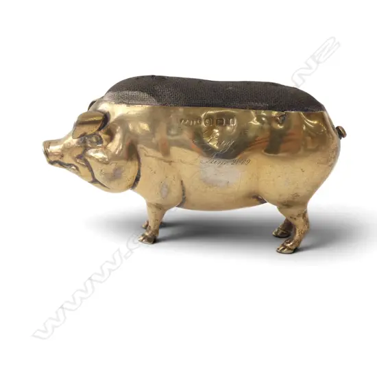 GILDED STG SILVER PIG PIN CUSHION, BIRMINGHAM hallmarks rubbed L.80mm