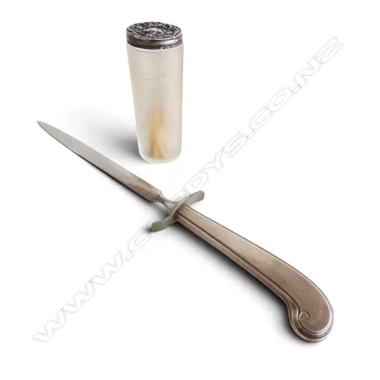 WEBSTER STERLING SILVER HANDLED LETTER OPENER + VINTAGE GLASS VESTA w. STG SILVER TOP 