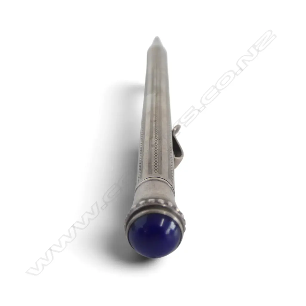 2 SILVER PENCILS; STG SILVER MACHINE ENGRAVED LONDON 1949 + CONTINENTAL testing 84% SILVER terminating w. blue stone Image 1++