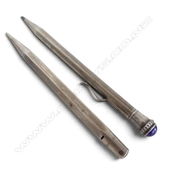 2 SILVER PENCILS; STG SILVER MACHINE ENGRAVED LONDON 1949 + CONTINENTAL testing 84% SILVER terminating w. blue stone