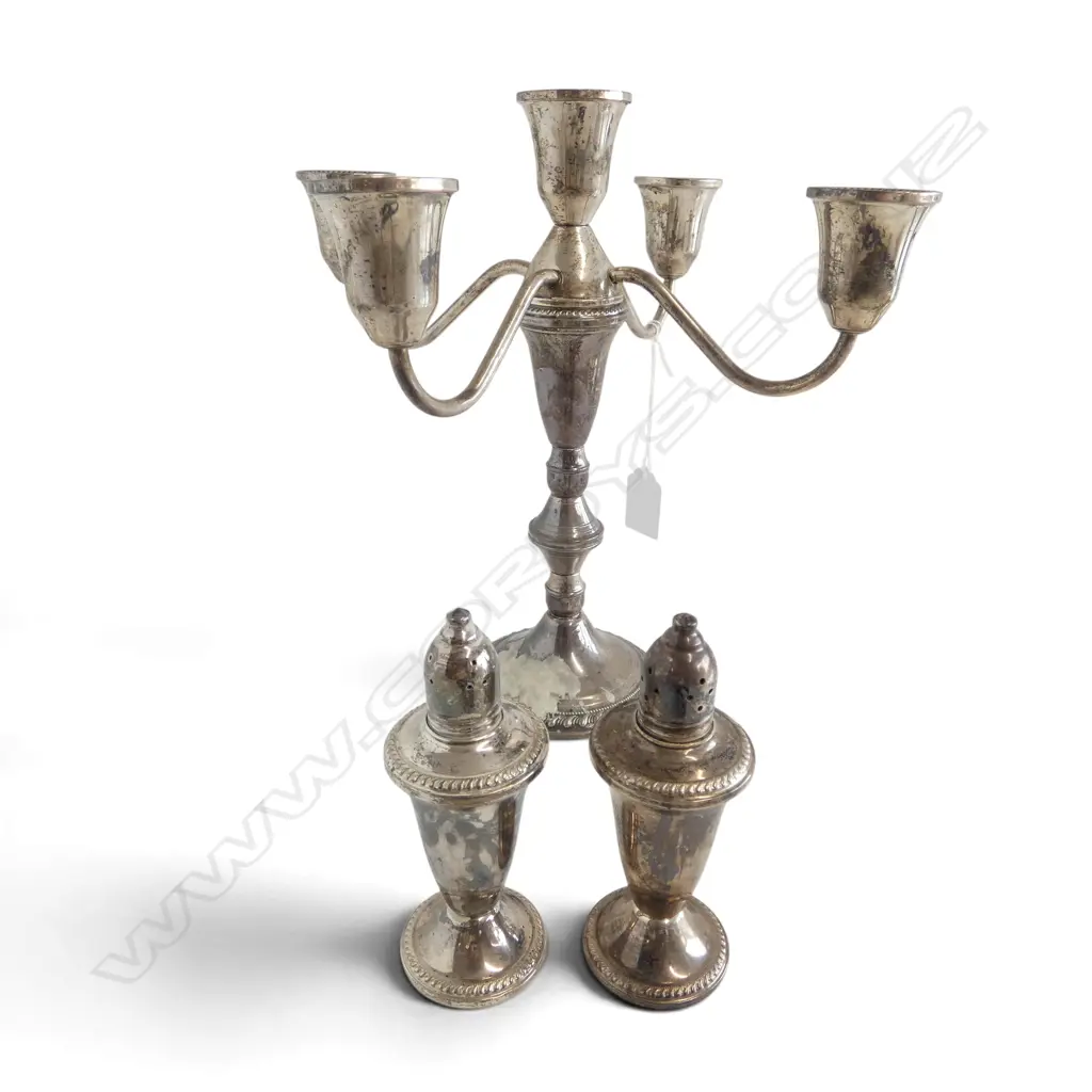 STG SILVER CANDLESTICK H.240mm& PR CONDIMENTS, WEIGHTED Image 1++
