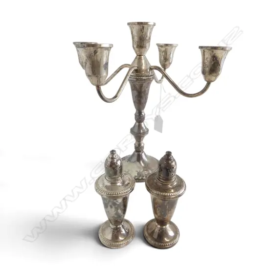 STG SILVER CANDLESTICK H.240mm& PR CONDIMENTS, WEIGHTED
