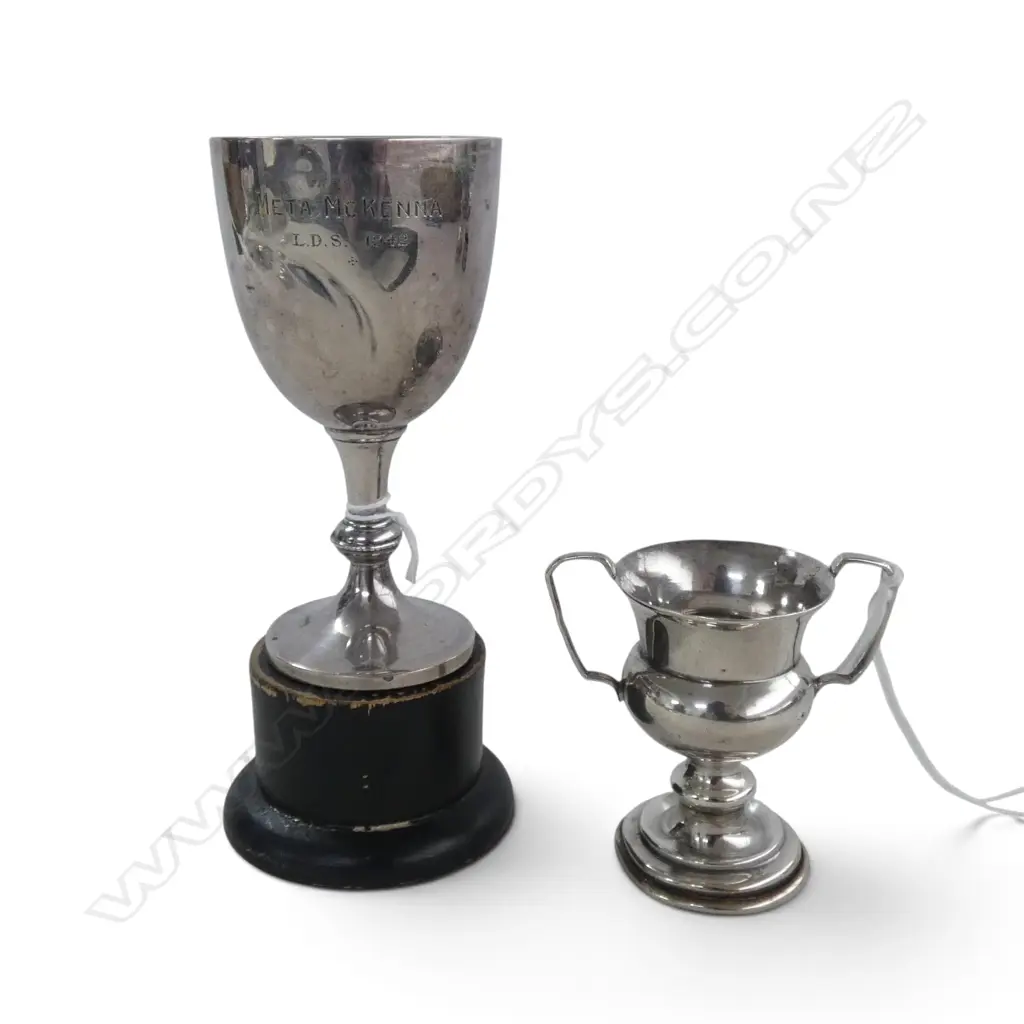 2 S/SILVER SMALL TROPHY CUPS ONE ON WOOD STAND SILVER WIEGHT 57.5GMS Image 1++