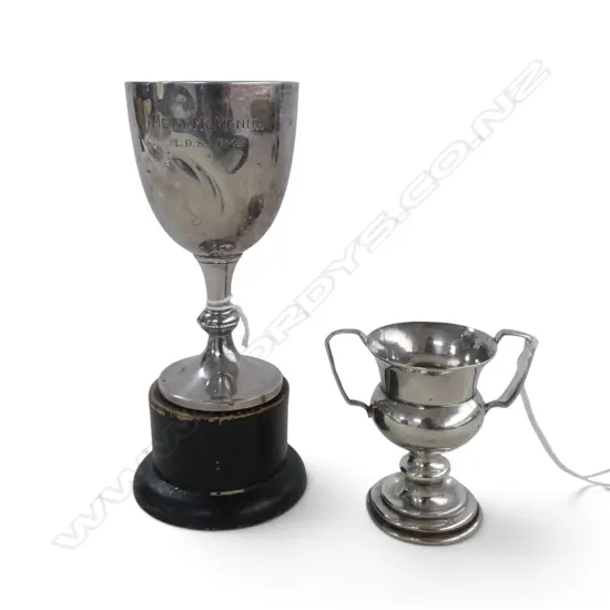 2 S/SILVER SMALL TROPHY CUPS ONE ON WOOD STAND SILVER WIEGHT 57.5GMS