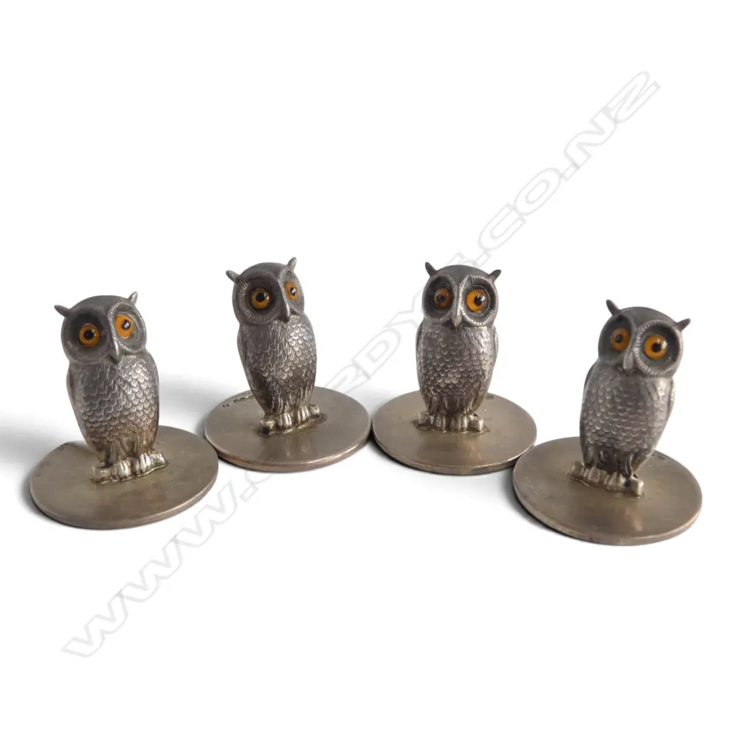 4 STG SILVER NOVELTY OWL NAME CARD HOLDERS, Sampson Mordan & Co Ltd, CHESTER 1913, H.30mm 83gms Image 1++