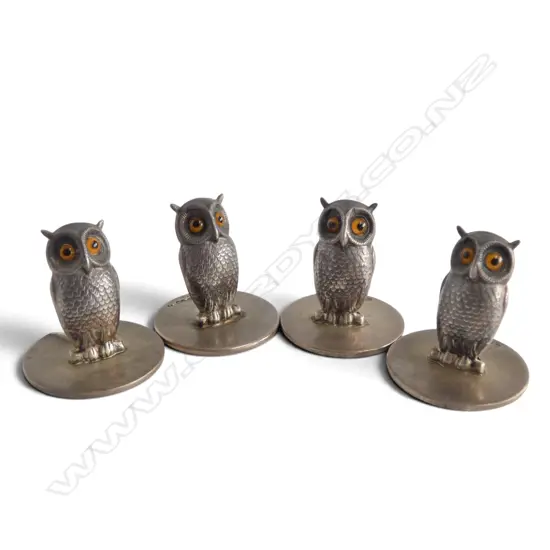 4 STG SILVER NOVELTY OWL NAME CARD HOLDERS, Sampson Mordan & Co Ltd, CHESTER 1913, H.30mm 83gms