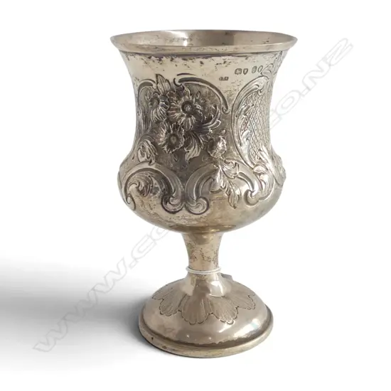 VICTORIAN STG SILVER TROPHY GOBLET, EMBOSSED w. CARTOUCHE 'WEST OF ENGLAND - 1ST PRIZE - NEWTON', LONDON 1857, 174gms