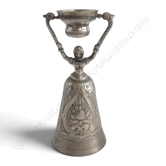 CONTINENTAL STG SILVER 'WAGER' MARRIAGE CUP bell form lady holding a swiveling upper cup 65gms