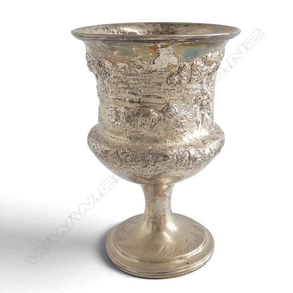 STG SILVER GOBLET, HALLMARKS RUBBED embossed English hunting scene H.135mm, 194gms Image 1++