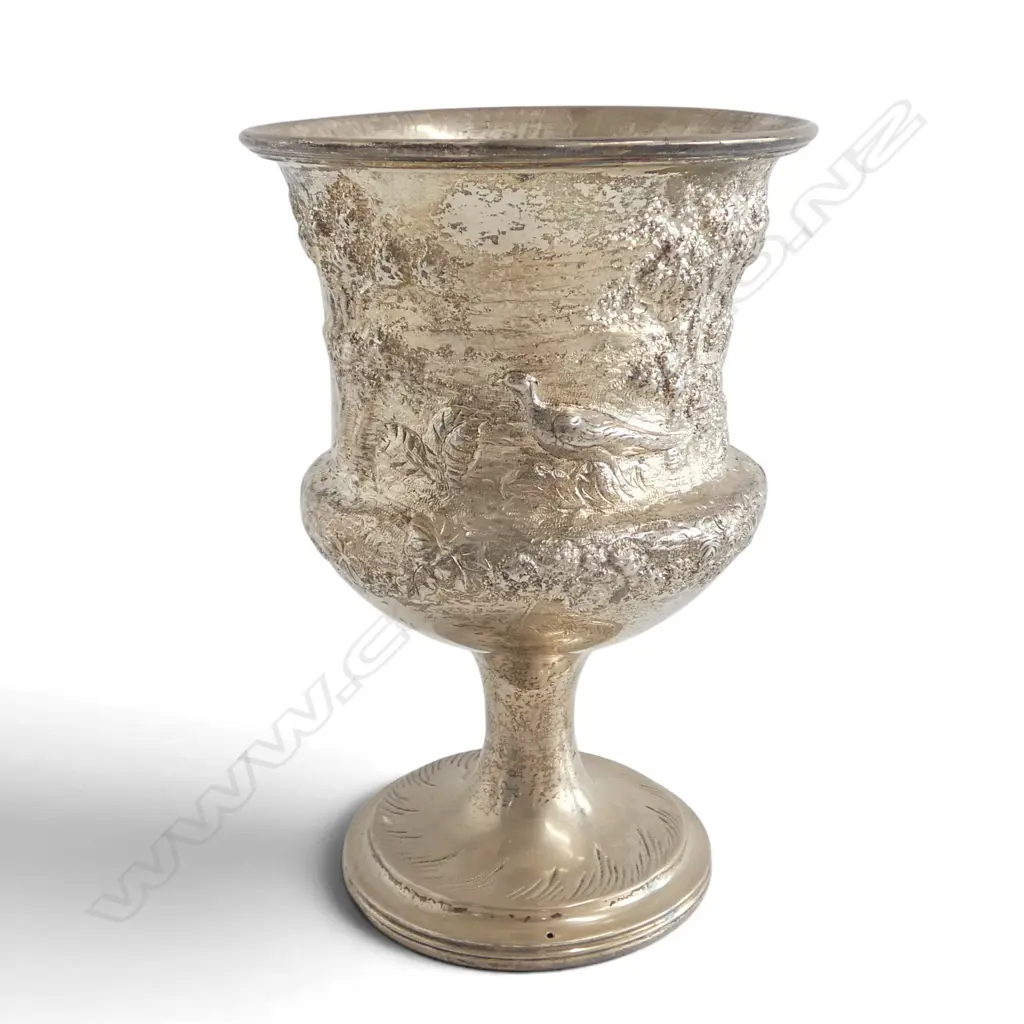 STG SILVER GOBLET, HALLMARKS RUBBED embossed English hunting scene H.135mm, 194gms Image 1++