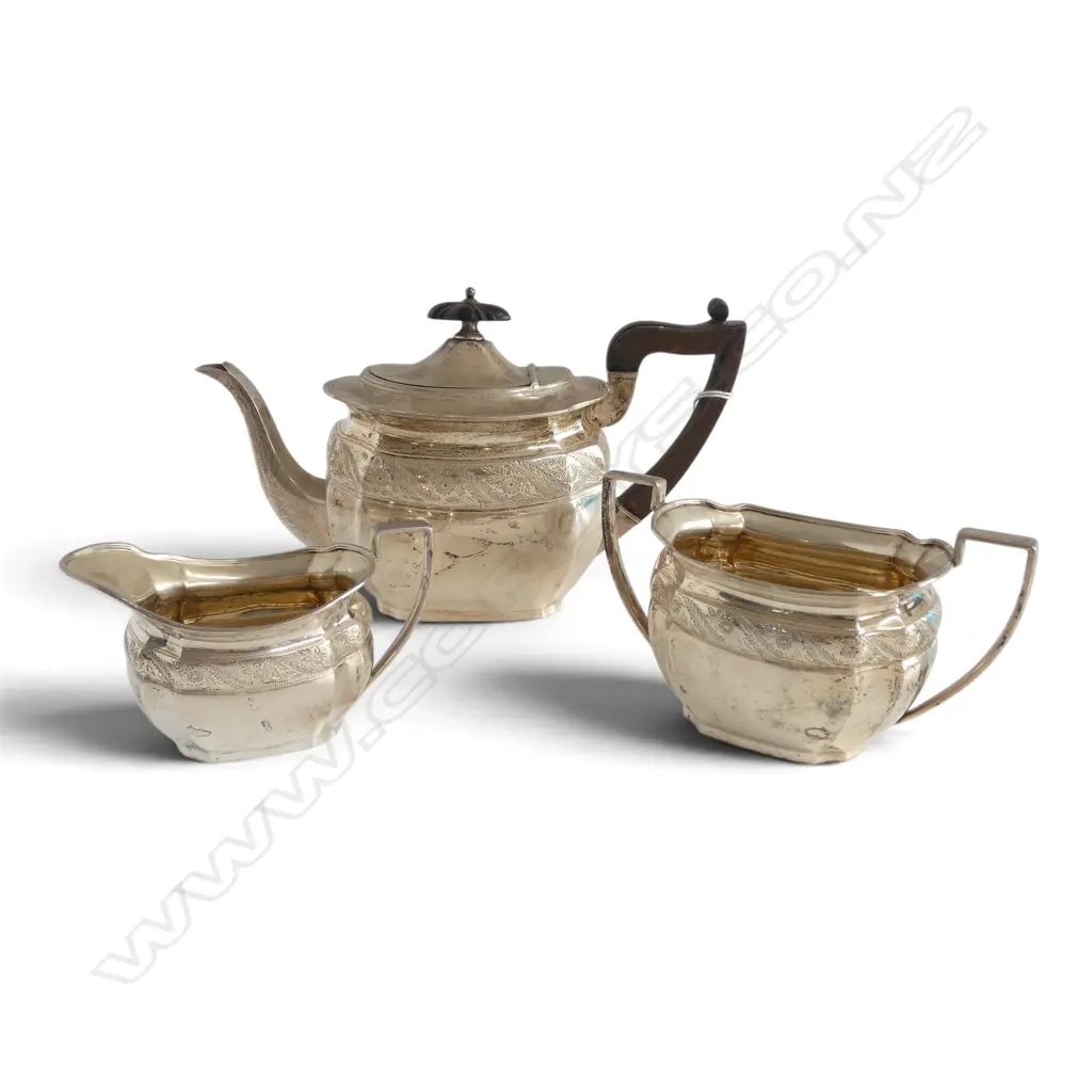 STG SILVER 3 PLACE TEA SERVICE, SHEFFIELD 1899, 707gms Image 1++