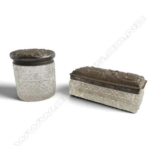 2 FANCY EDWARDIAN EMBOSSED SILVER TOPPED VANITY BOXES: Birmingham 1902. 1 w small crack and faults. Silver = 61gms