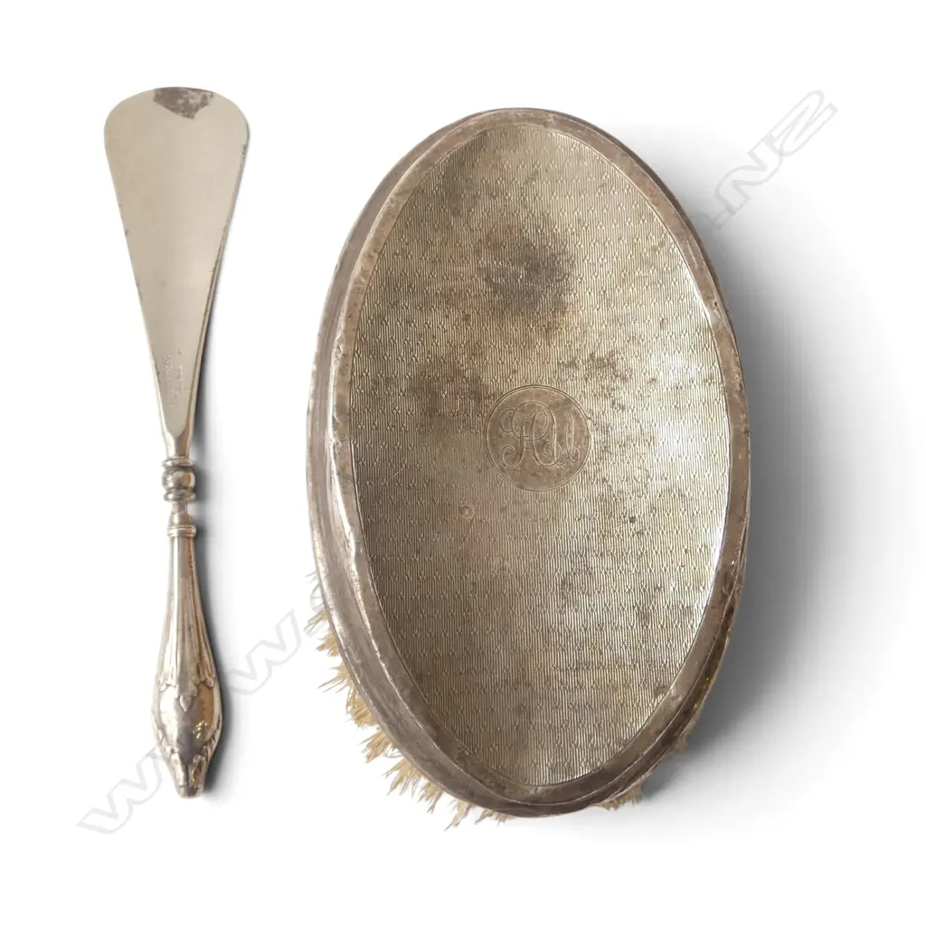 SILVER BACKED HAIR BRUSH Birmingham 1925 + SILVER HANDLED SHOE HORN Birmingham 1915 Image 1++