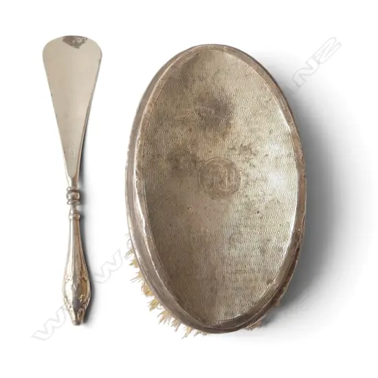 SILVER BACKED HAIR BRUSH Birmingham 1925 + SILVER HANDLED SHOE HORN Birmingham 1915