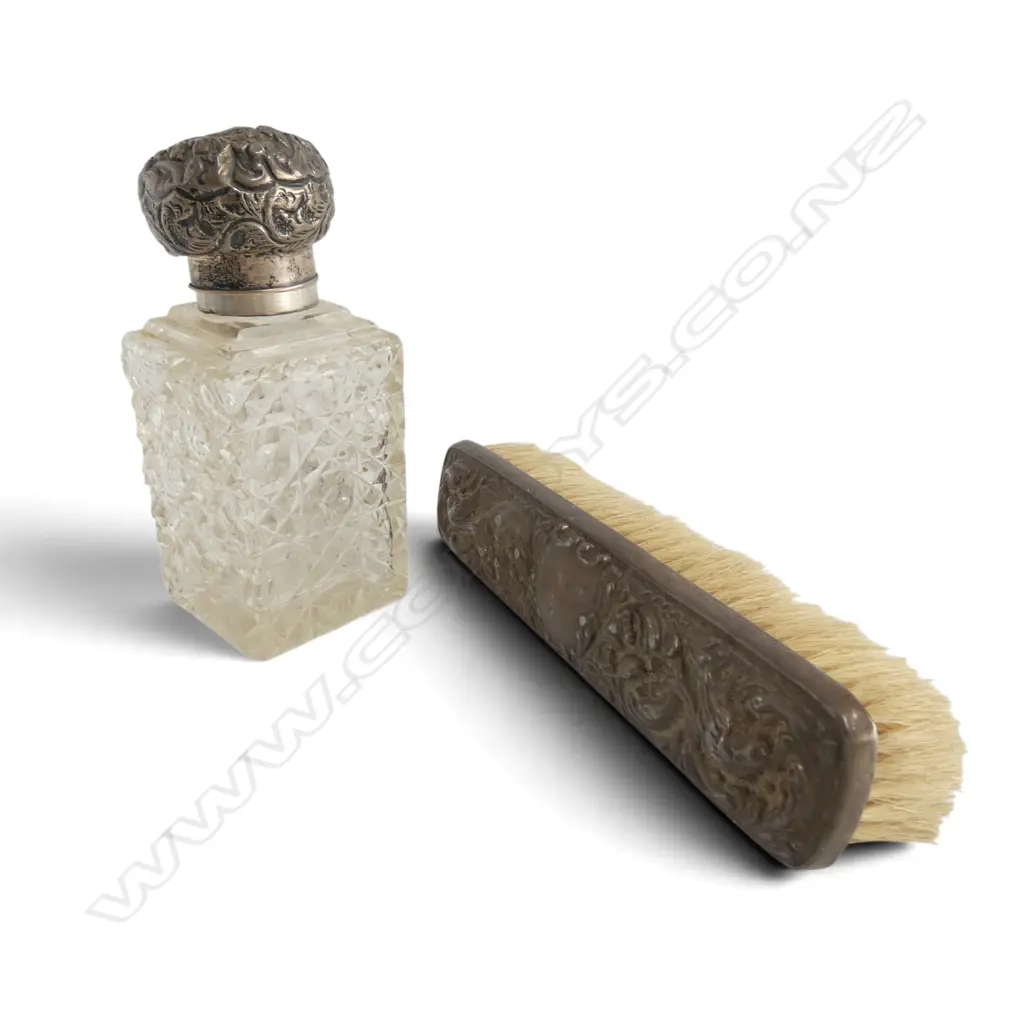 EDWARDIAN SILVER TOPPED SCENT BOTTLE lid squashed + SILVER BACKED CLOTHES BRUSH. Birmingham 1903 Image 1++