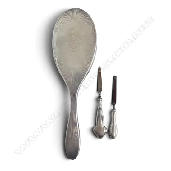 3 EARLY 20thC SILVER backed / handled VANITY ITEMS: hand brush + tweezers + file