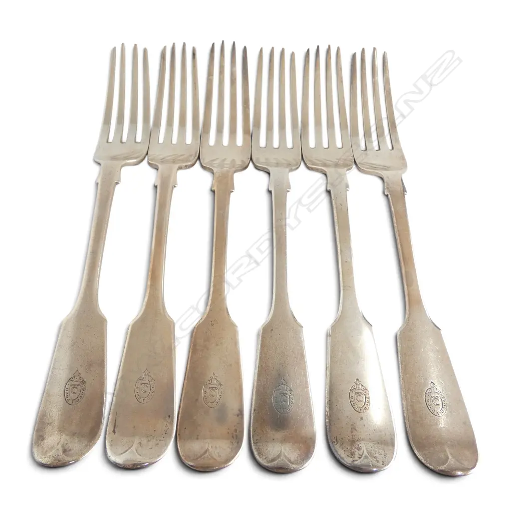 SET 6 London 1872 SILVER TABLE FORKS Ramage family crested carter 'Poco a Poco' (Little by Little). 427gms Image 1++