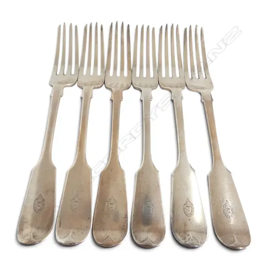 SET 6 London 1872 SILVER TABLE FORKS Ramage family crested carter 'Poco a Poco' (Little by Little). 427gms