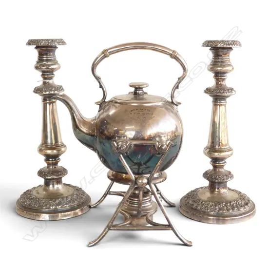 PR SILVER PLATE CANDLESTICKS + SPIRIT KETTLE H.290mm
