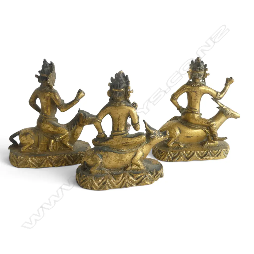 3 INDIAN GILT METAL FIGURES ON ANIMALS H.60mm Image 1++