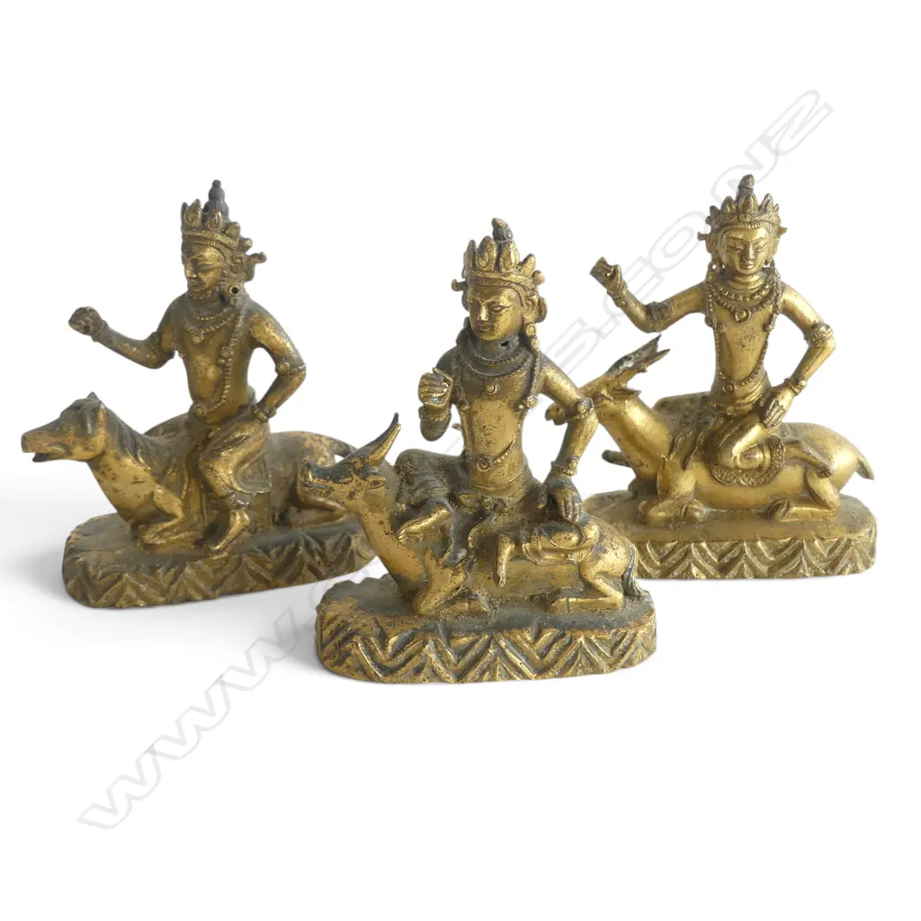 3 INDIAN GILT METAL FIGURES ON ANIMALS H.60mm Image 1++