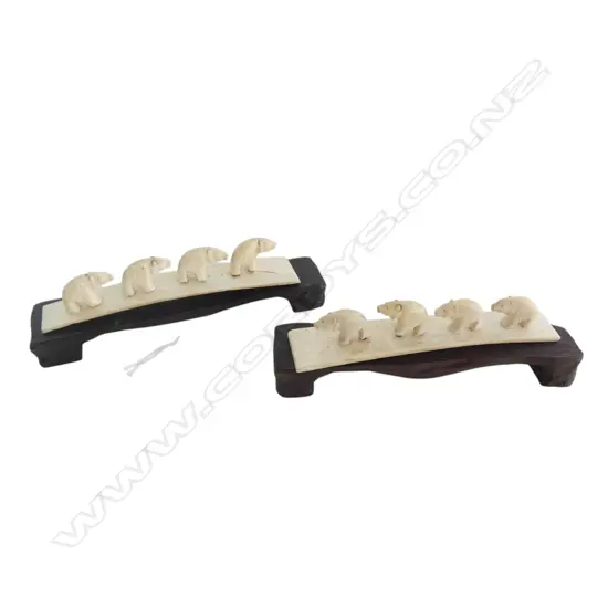 PR VINTAGE CARVED IVORY small polar bear BRIDGES on wood stands. L.125mm