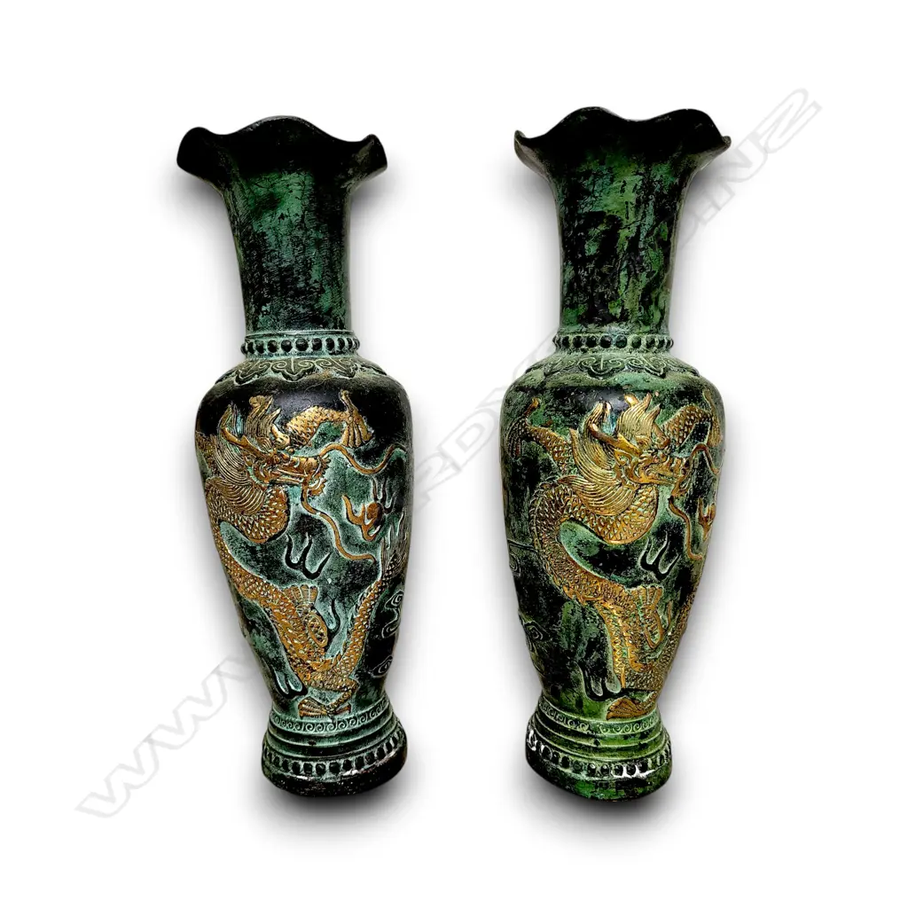 PAIR VINTAGE CHINESE METAL VASES W GREEN PATINA FINISH 240 H mm Image 1++