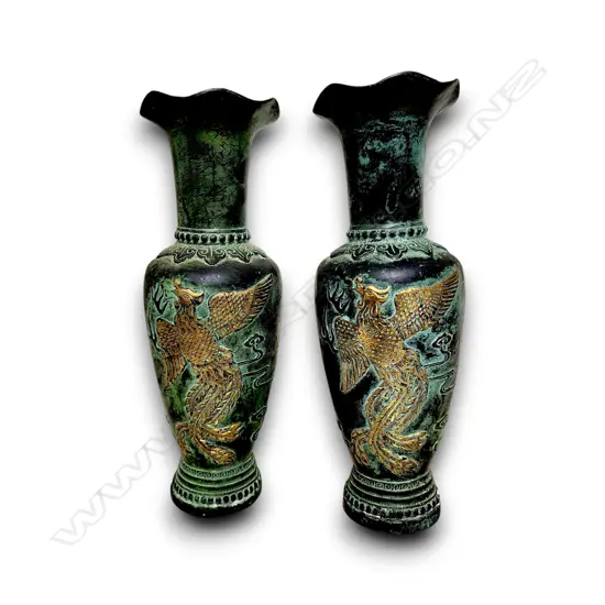 PAIR VINTAGE CHINESE METAL VASES W GREEN PATINA FINISH 240 H mm