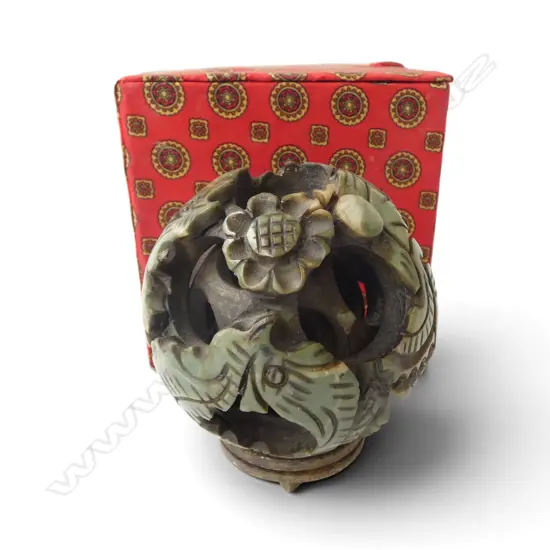 ORIENTAL CARVED JADE PUZZLE BALL 100mm + BOX