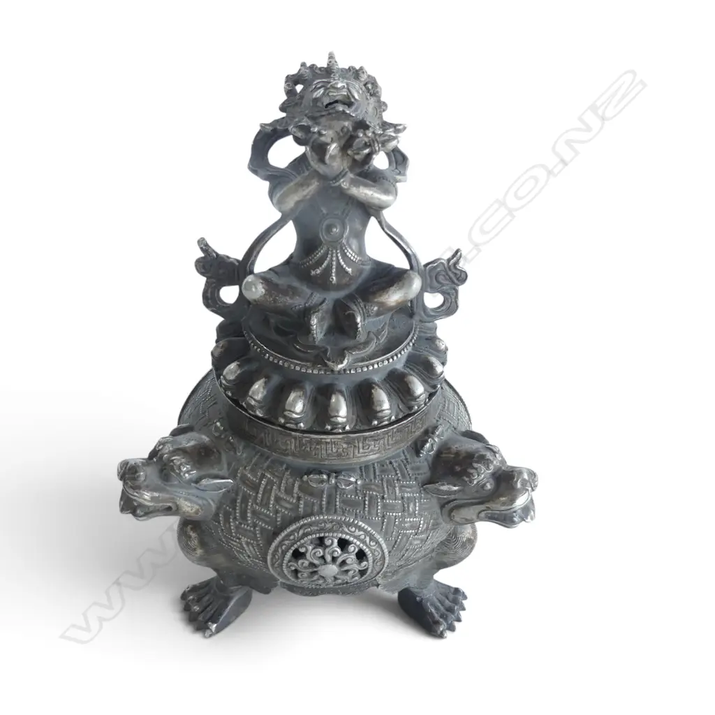 ORIENTAL SILVER METAL LIDDED INCENSE BURNER H.215mm Image 1++