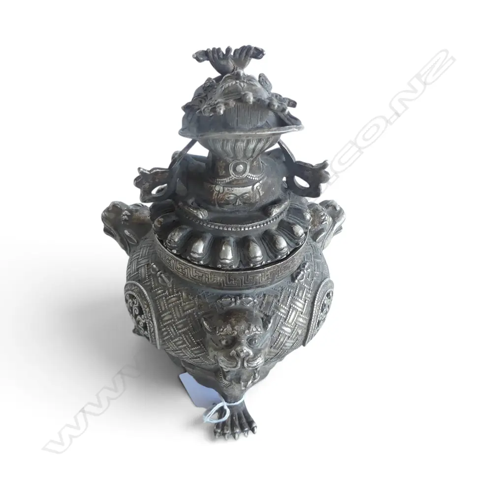 ORIENTAL SILVER METAL LIDDED INCENSE BURNER H.215mm Image 1++