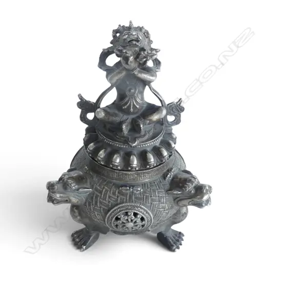 ORIENTAL SILVER METAL LIDDED INCENSE BURNER H.215mm