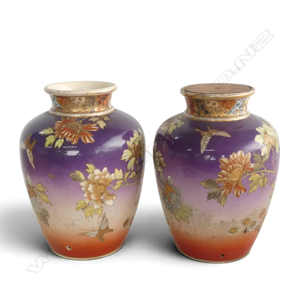 2 VINTAGE JAPANESE SATSUMA FLORAL VASES each w. hole for lamp conversion H.260mm Image 1++