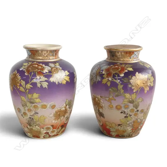 2 VINTAGE JAPANESE SATSUMA FLORAL VASES each w. hole for lamp conversion H.260mm