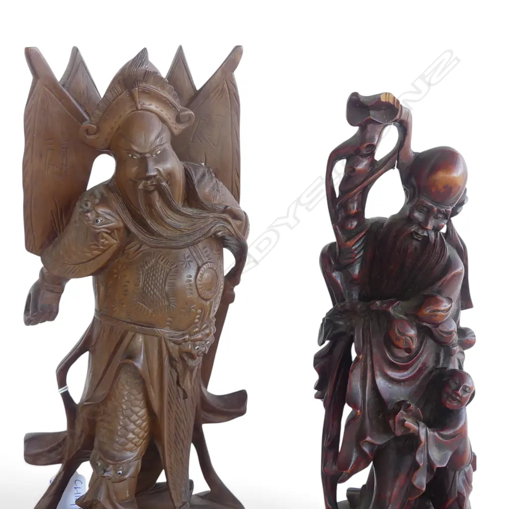 2 ORIENTAL CARVED WOODEN FIGURES H.330mm Image 1++