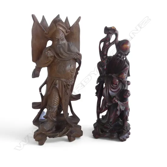 2 ORIENTAL CARVED WOODEN FIGURES H.330mm