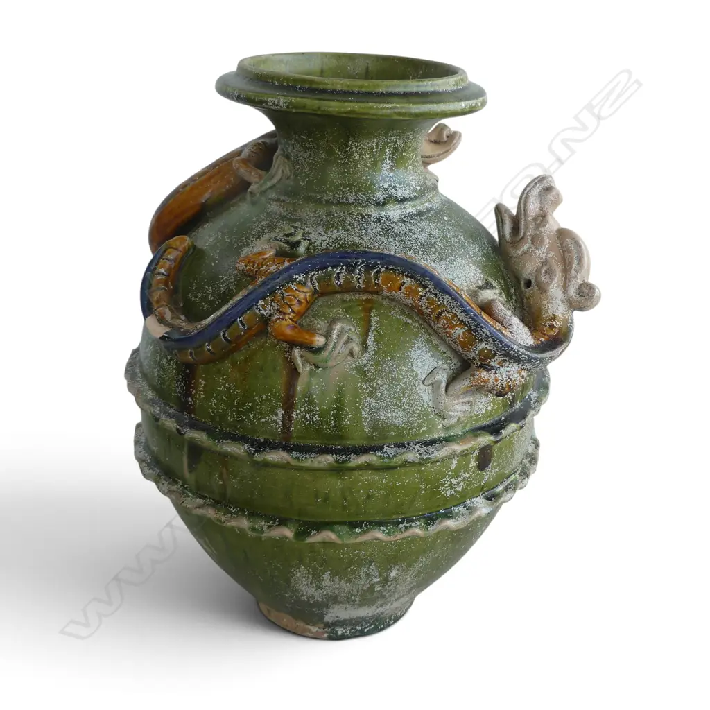 LRG CHINESE VASE w DRAGON in RELIEF, H.350mm, sml area damage to tail Image 1++
