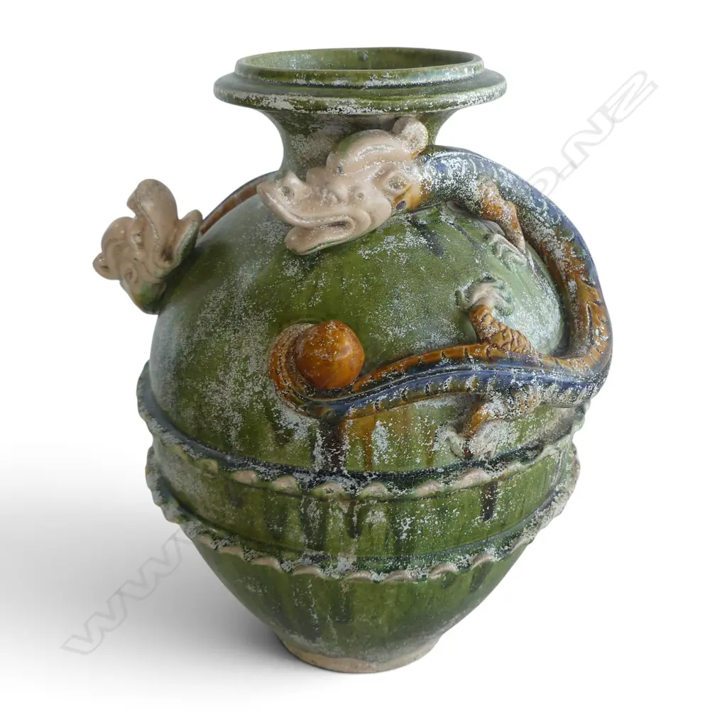 LRG CHINESE VASE w DRAGON in RELIEF, H.350mm, sml area damage to tail Image 1++