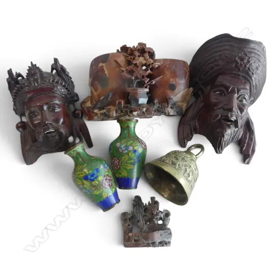 7 ITEMS; 2 CARVED WOODEN MASKS, 2 CLOISONNE VASES AF, 2 ORIENTAL CARVED SOAPSTONE, BRASS BELL