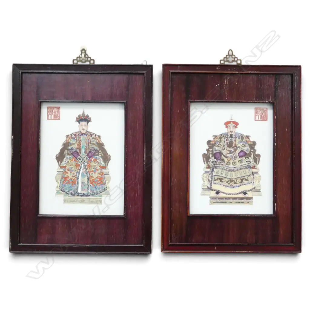 2 CHINESE FRAMED MING STYLE ANCESTOR PORTRAITS ON PORCELAIN 495x370mm Image 1++