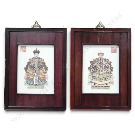 2 CHINESE FRAMED MING STYLE ANCESTOR PORTRAITS ON PORCELAIN 495x370mm
