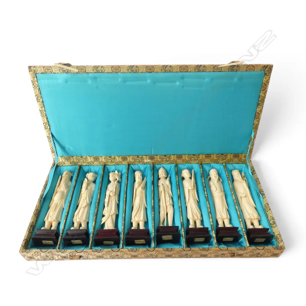CASED SET OF 8 CHINESE CARVED IVORY IMMORTALS H.175mm Image 1++