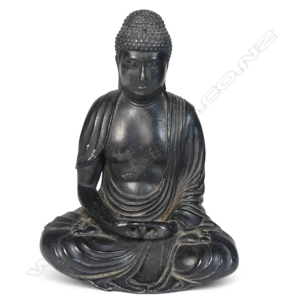 JAPANESE  METAL BRONZED STATUE OF BUDDHA  IN A MEDITATIVE POSTURE (DHYANA MUDRA),HALL MARK &' MADE IN JAPAN '160 X 130MM Image 1++