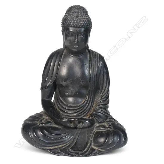 JAPANESE  METAL BRONZED STATUE OF BUDDHA  IN A MEDITATIVE POSTURE (DHYANA MUDRA),HALL MARK &' MADE IN JAPAN '160 X 130MM