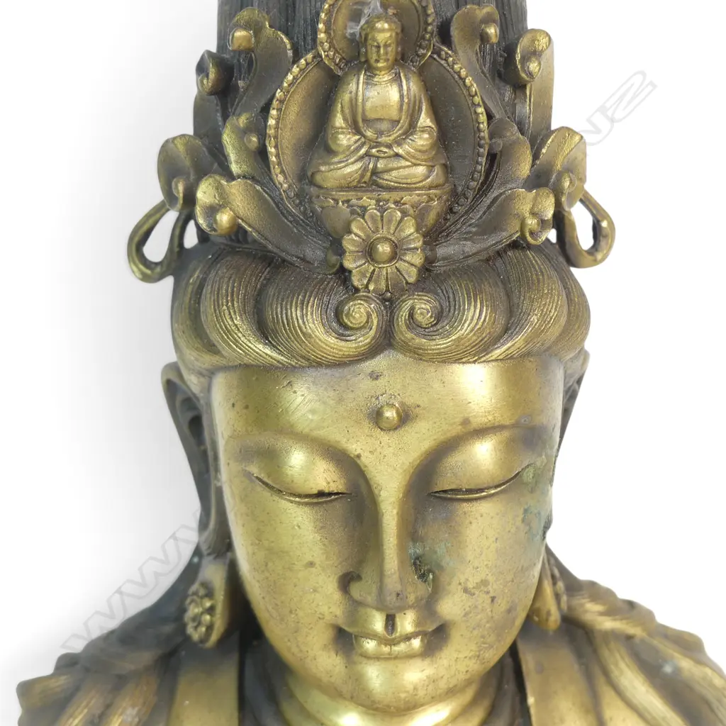 HEAVY GILDED BRONZE OF GUANYIN (BUDDHIST BODHISATTVA) WITH AN ORNATE CROWN INCLUDING A SMALL SEATED BUDDHA, 222 X 140MM Image 1++